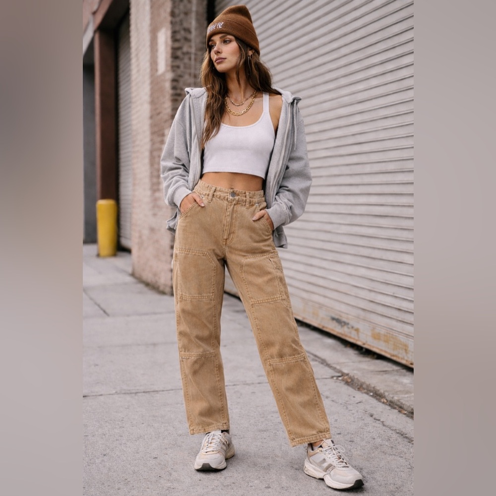 NWT Free People We The Free Utility Jeans Tan Size 31 Straight Leg 100% Cotton